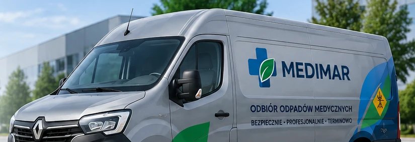 Wizualizacja szarego samochodu dostawczego Renault Master z oznakowaniem MEDIMAR